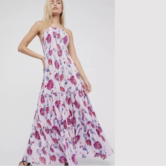 Free People Garden Party Dress Boho Lilac Floral Tiered Maxi - Picture 4 of 12